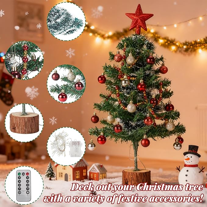 Christmas Tree, Tabletop Christmas Tree with Lights, Christmas Decoration MIni Xmas Trees Artificial Desktop Trees Wood Base Small Christmas Trees (2FT, Remote Control)