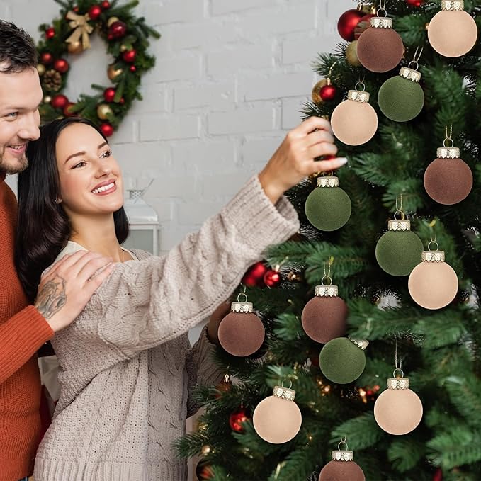 12 Pcs Velvet Christmas Balls Flocked Christmas Tree Hanging Ornaments Shatterproof Plastic Hanging Balls Decorations for Xmas Tree Party Home Holiday Decor (Brown, Green, Beige, 2.36 inch)