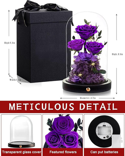 Flowers Roses Gifts for Mom Grandma,Forever Preserved Rose in Glass Dome, Christmas Anniversary Thanksging Birthday Real Roses Gifts for Wife Women Mother in Law/Purple