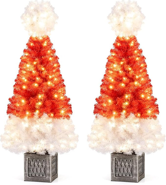 GOFLAME 2 Pack 4FT Pre-Lit Artificial Christmas Entrance Tree, Potted Candy Cane Xmas Tree with 300 Branch Tips, 100 Warm LED Lights, Urn Base, Indoor Outdoor Holiday Decoration Tree for Home Party