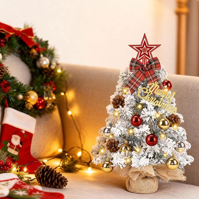 Mini Christmas Tree Tabletop Set with LED Lights, 2FT Artificial Small Xmas Tree Prelit with Star Treetop and Hanging Ornaments for Home Cafe Office, Snow Flocked, White