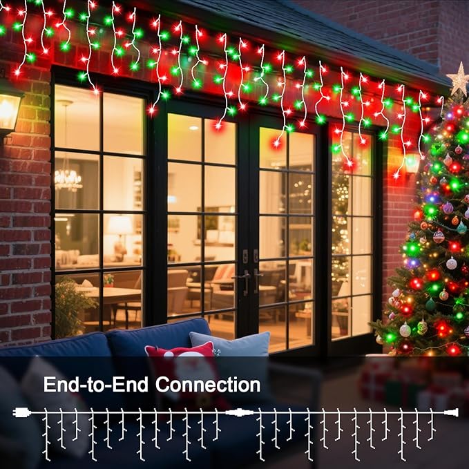 JXLEDAYY 65 FT 640 LED Christmas Lights Outdoor Decorations Clear Wire String Lights Plug in 120 Drops 8 Modes Memory Timer Curtain Fairy Lights Waterproof for Holiday Wedding Party-Red and Green
