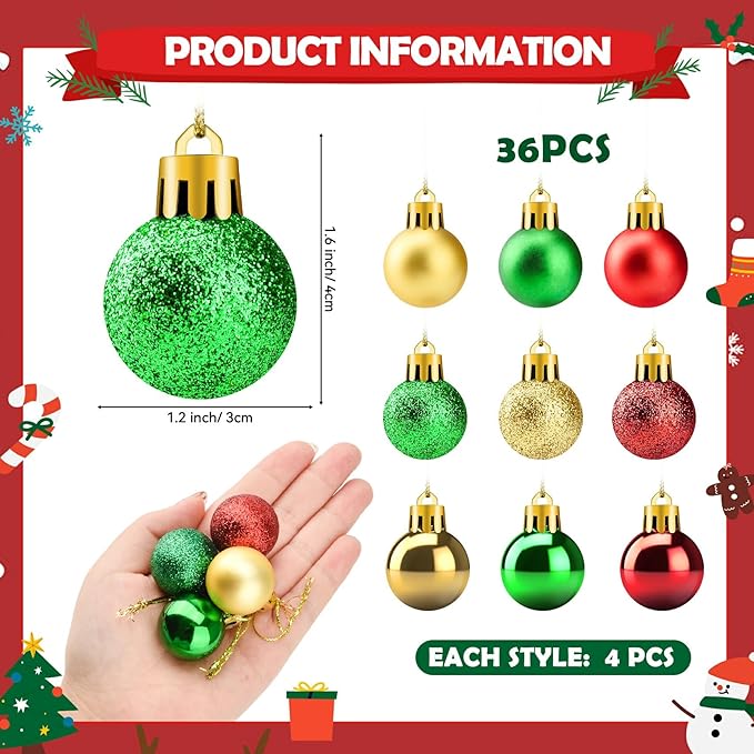 36Pcs Mini Shatterproof Christmas Balls, 3cm/1.18inch Mini Christmas Baubles Red Green Gold Plastic Ball Ornament for Christmas Tree Ornaments Party Decoration (Red and Green and Gold)