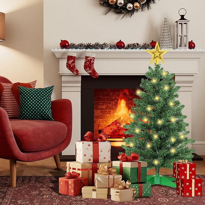 3 Ft Green Christmas Tree with Lights, Timer 8 Modes 50 Warm White Lights Battery Operated Small Artifical Full Christmas Tree for Tabletop Home Office Indoor Outdoor Xmas Holiday Party Decorations