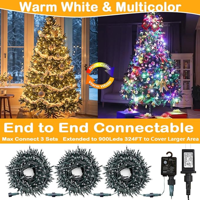 Decute 300LED Christmas Tree Lights Outdoor Indoor String Lights 108FT Extendable, 11 Modes 4 Colors Changing Waterproof Twinkle Fairy Lights Party Decor with Timer Remote(Warm White & 3 Multicolors)