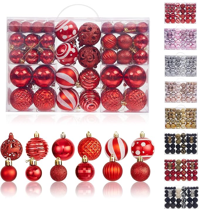 100PCS Christmas Ball Ornaments, Assorted Shatterproof Christmas Tree Decorations, Seasonal Decorative Hanging Baubles Decor Set for Xmas/Holiday/Party, Glitter&Painting Ornament Set (Red)