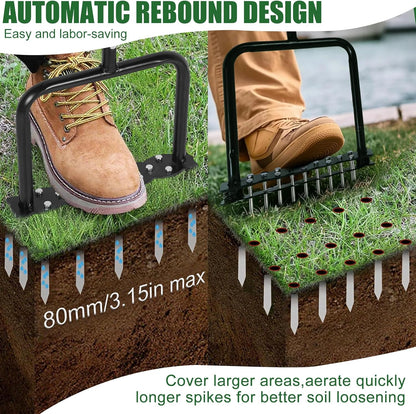 Lawn Aerator Tool,Manual Stainless Steel Spike Aerator Lawn Tool with Spring Base, Automatic Dirt and Leaf Clean Design, Adjustable T-Handle, Soil Loosening, Yard Aerating, Garden Tool Black