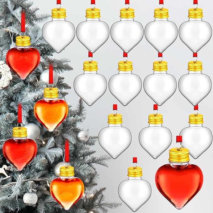 Patelai 18 Pcs Christmas Drink Balls Clear Shot Glass Ornaments Xmas Tree Fillable Ornaments Plastic Xmas Water Bottle Bulbs for Holiday Party Decorations(Heart,50 ml)