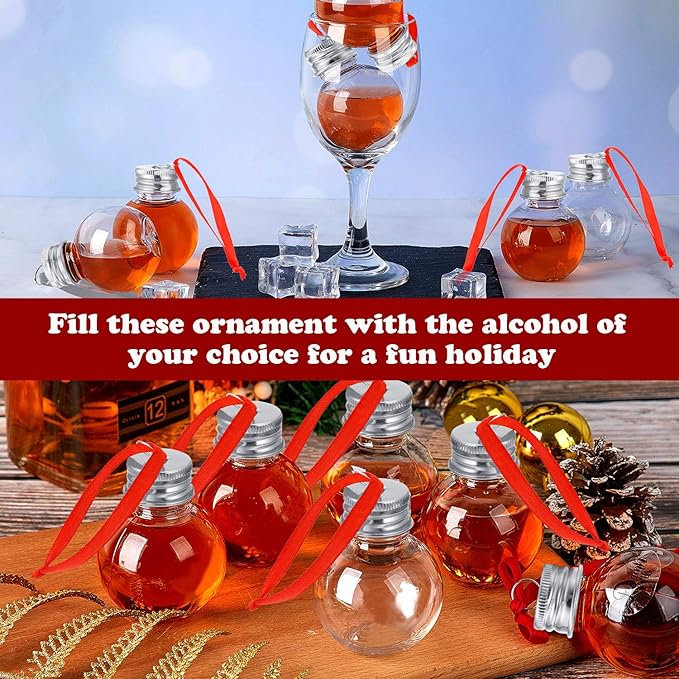 Patelai 12 Pcs Christmas Drink Balls Shot Glass Ornament Plastic Fillable Christmas Tree Ornaments Xmas Water Bottle Bulbs for Holiday Party Indoor Outdoor (Silver Lid)