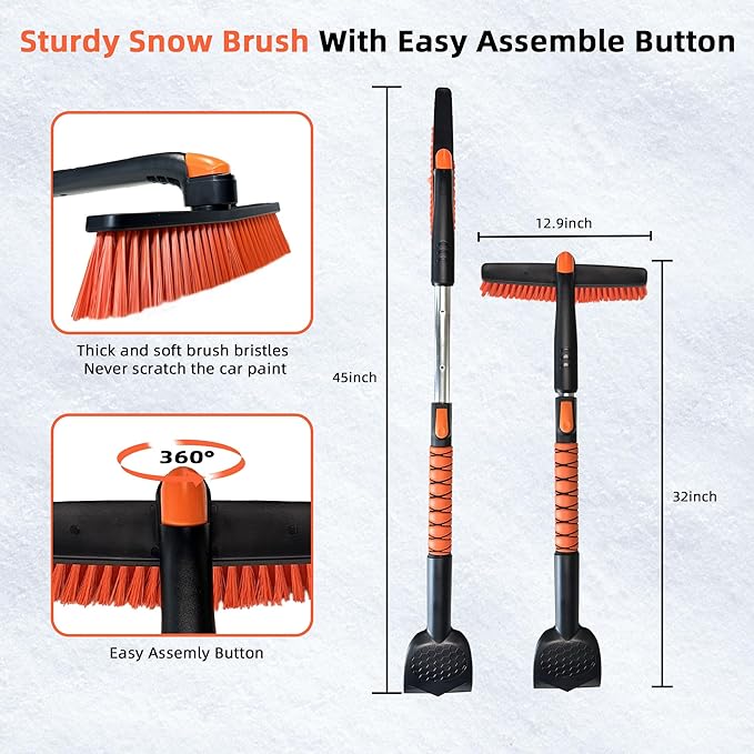 45" Extendable Snow Brush and Ice Scrapers for Car Windshield [360° Rotating Snow Brush Head] Military-Grade Sturdy Ice Scraper for Sedans, SUVs and Trucks Easy Storage Orange