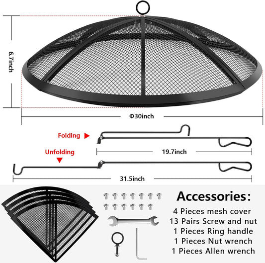 Fire Pit Spark Screen, Fire Pit Screen 30 Inch Round with Handle & Poker, Collapsible Heavy Duty Mesh Fire Pit Cover Fire Pit Lid for Outdoor/Patio/Backyard/RV Camping/Beach