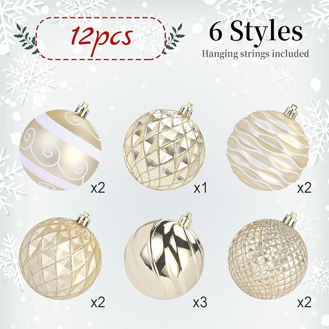 SHareconn 80mm Christmas Baubles,12PCS Colored Shatterproof Plastic Decorative Hanging Tree Decorations Baubles Set for Xmas Tree Decor Holiday Party Wedding Decoration with Lanyard,Gold & White