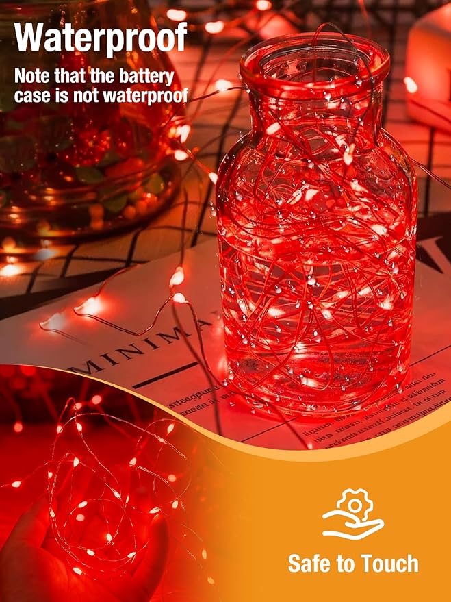 btfarm 4 Pack Fairy Lights Battery Operated with Timer, 16.4 FT 50 LED Silver Wire Twinkle String Lights 8 Modes Dimmable Waterproof for Indoor Christmas Bedroom Wedding Decorations, Red