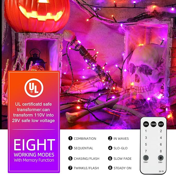 XTF2015 Orange Purple Halloween String Lights, Halloween Light 105ft 300 LED Color Changing, End to End Plug Waterproof Halloweens Decoration Lights Outdoor Indoor for Bedroom Patio Decor