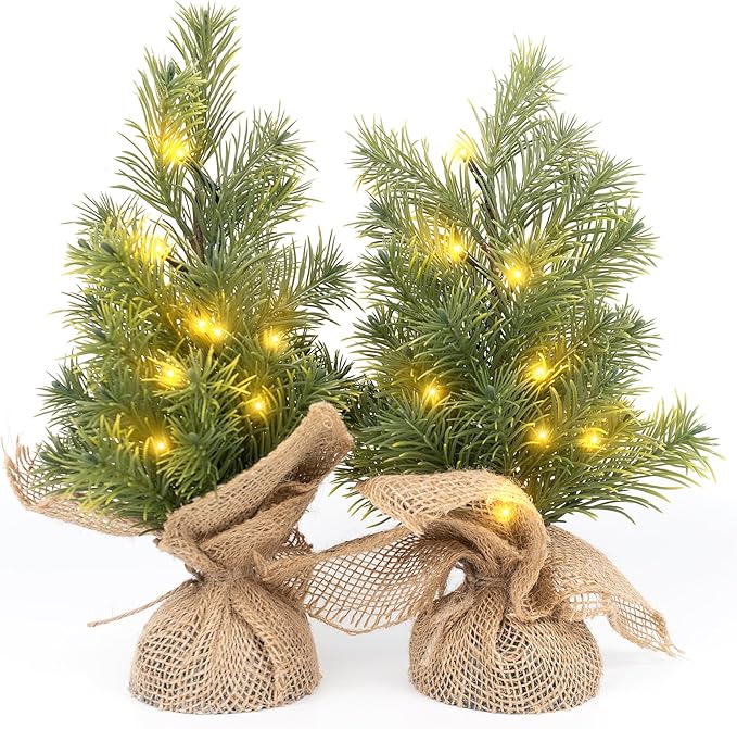 Set of 2 Mini Christmas Tree, 12 in Pre-lit Tabletop Xmas Decorations with 8 Warm LED Lights, Battery Operated with Timer, Burlap Base Artificial Pine Tree for Indoor Desk Office Dorm