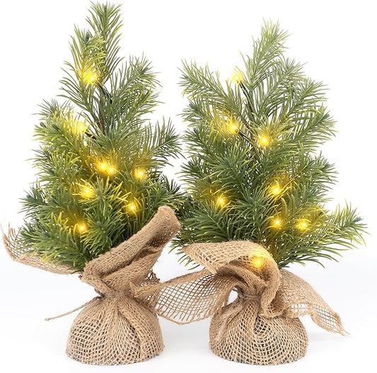 Set of 2 Mini Christmas Tree, 12 in Pre-lit Tabletop Xmas Decorations with 8 Warm LED Lights, Battery Operated with Timer, Burlap Base Artificial Pine Tree for Indoor Desk Office Dorm
