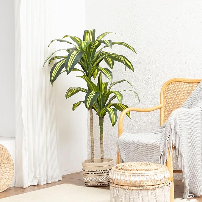 Artificial Dracaena Tree 4FT Tall Fake Tree - Faux Indoor Plant with UV Resistant Potted Design - Realistic Large Artificial Plants for Home Living Room Office Decor Indoor