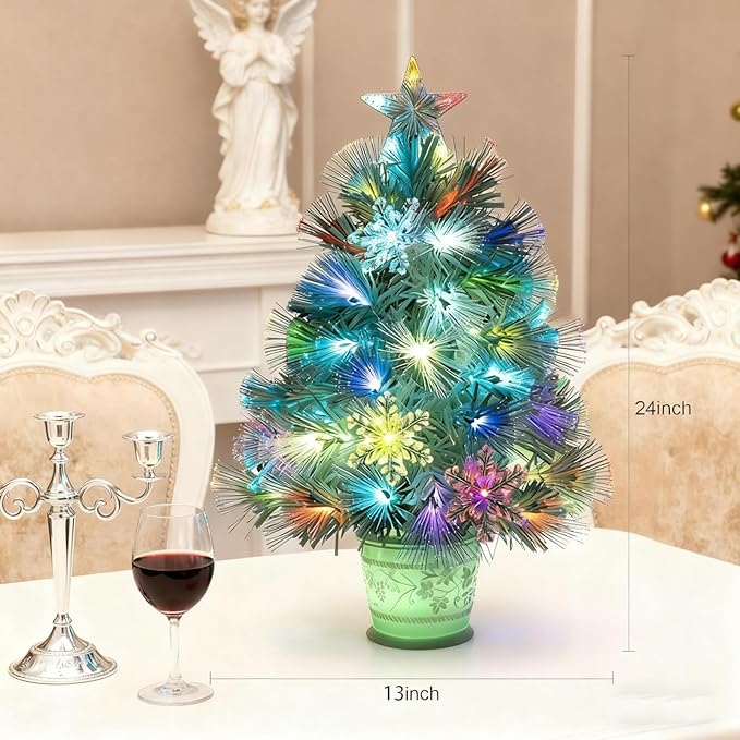 Artificial Christmas Tree, 24inch Small Christmas Tree White Fiber Optic Prelit Tabletop Xmas Tree with 67 Led Lights 7 Colors Lighted Christmas Tree Holiday Home Decor