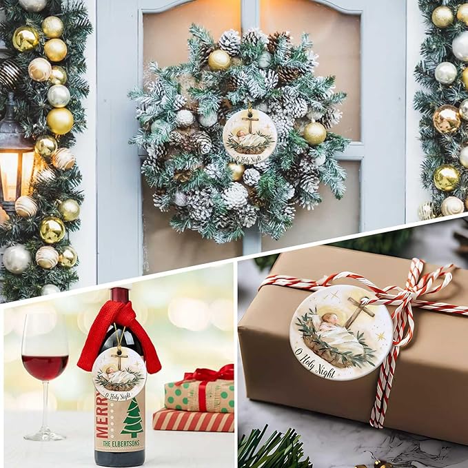 O Holy Night Ornaments Round Ceramic Birth of Jesus Cross Christ Ornament Christmas Keepsake Decor for Christmas Tree Winter Holiday Xmas Gift for Women Men Xmas Hanging Ornament 3" #1