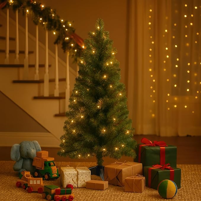 4ft Prelit Christmas Tree with 75 Warm White LEDs – 225 Tips, Hinged Branches, Plastic Stand – Small 4 Foot Christmas Tree for Bedroom, Office, Apartment Holiday Decor