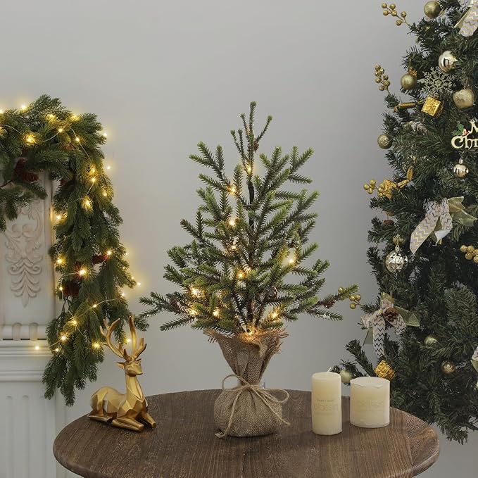 22" Mini Christmas Tree, Small Artificial Tabletop Snow Flocked Christmas Trees Decor with Lights, Outdoor Indoor Porch Table Centerpieces Xmas Christmas Decorations