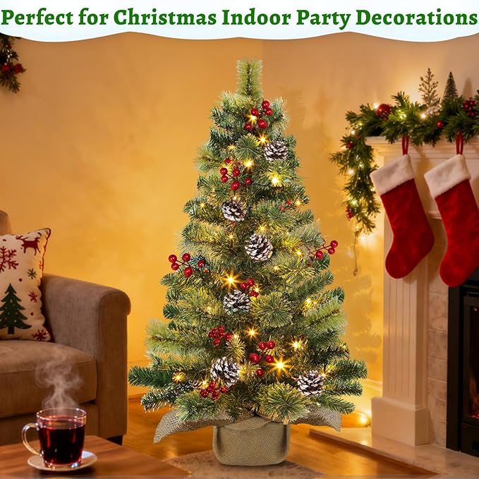 Timer - 3FT Christmas Tree with Lights, Real Touch Small Table top Christmas Tree 50 Warm White LED,100 Smoky Pine Branches Pinecone Berry,Burlap Base Artificial Mini Cedar Xmas Tree Indoor Home Decor