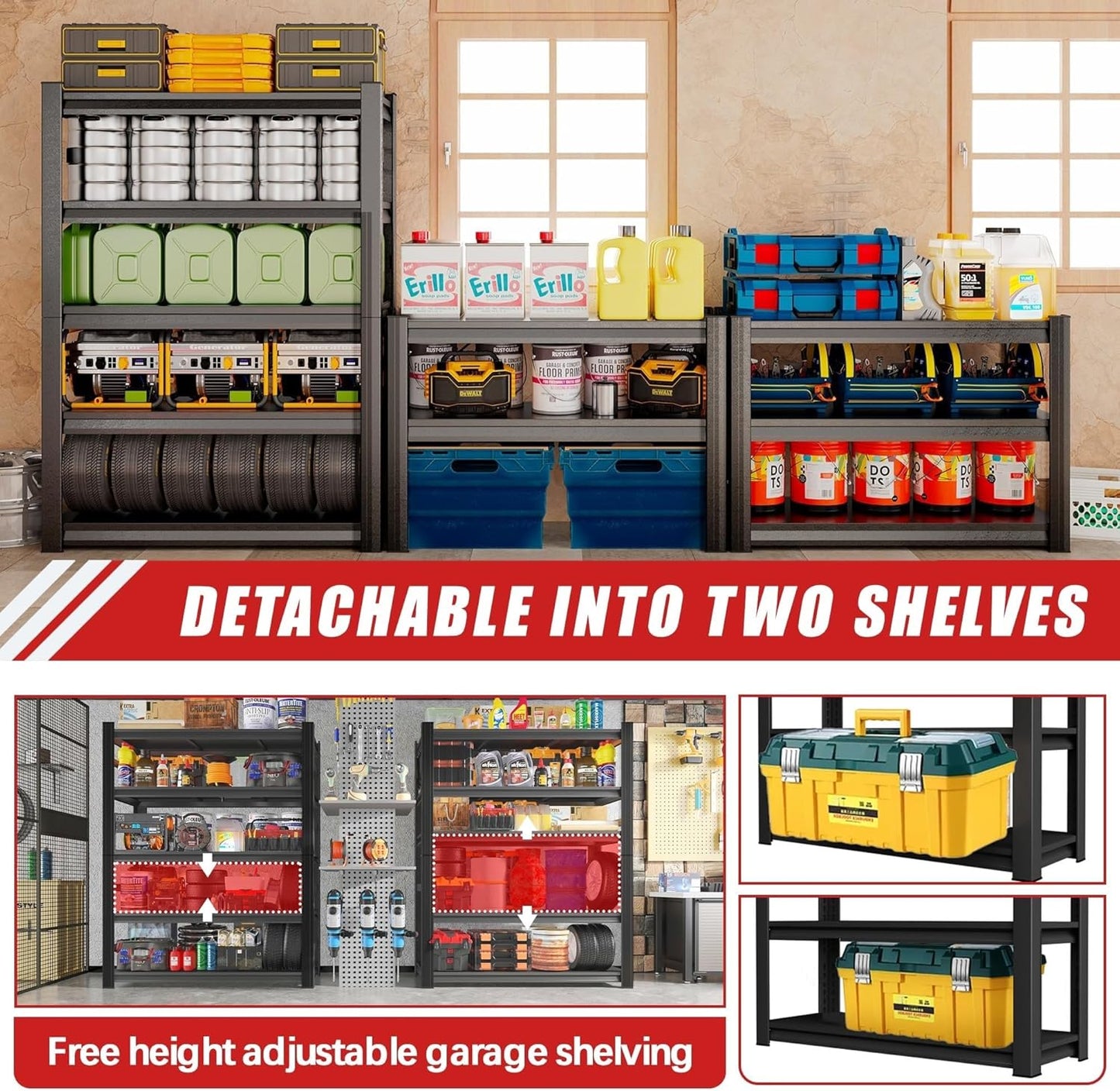 2500lb Capacity Heavy Duty Industrial Shelves | 5-Tier Steel Storage Rack | Adjustable Garage, Warehouse, Workshop Shelving | 63" H x 39.4" W x 17.7" D | Black