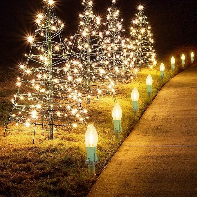 Brightown C9 Christmas Lights Outdoor, 4 Packs Total 103 Ft Christmas Pathway Lights with 80 LED Bulbs and Stakes, Connectable Outdoor Christmas Decorations Yard Walkway Sidewalk Holiday, Warm White