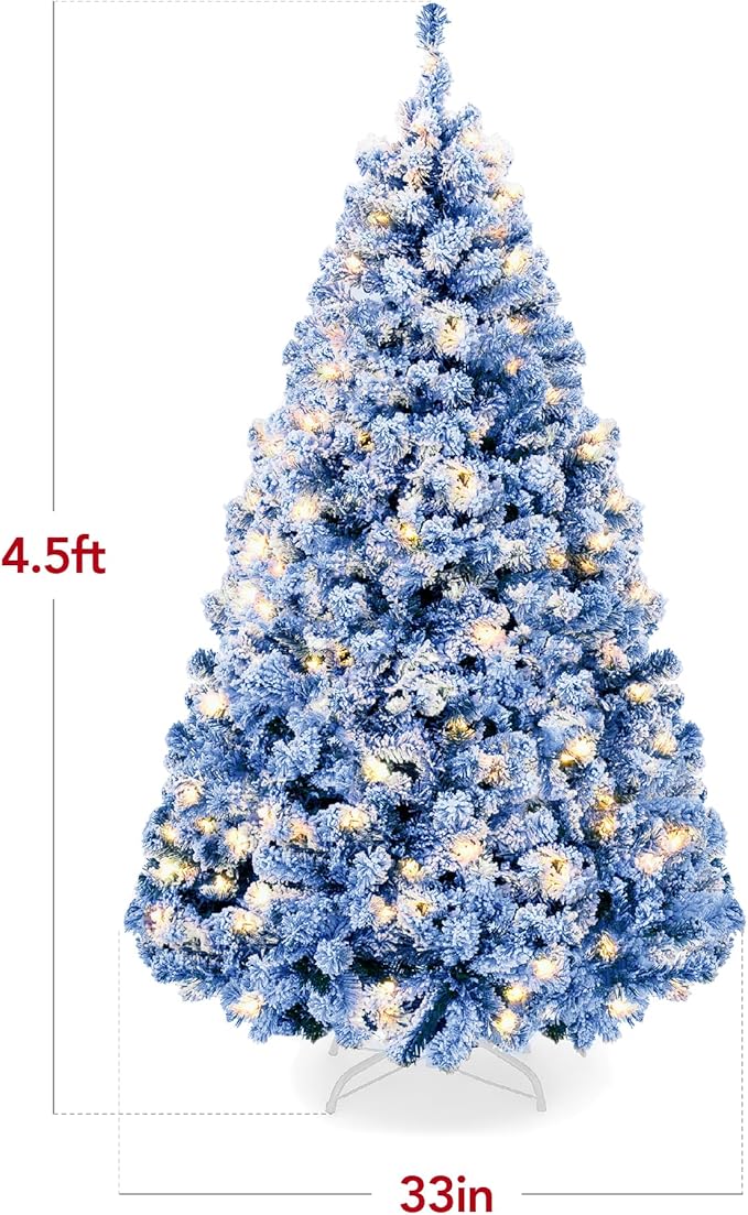Best Choice Products Pre-Lit Blue Christmas Tree, 4.5ft Artificial Flocked Full Fir Tree, Holiday Decoration w/ 200 Lights, 400 Branch Tips