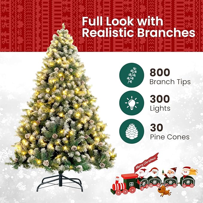6ft Lighted Green Christmas Tree with Pine Cones, Snow Flocked Branches, and 300 Warm White LED Lights, Lush Realistic Artificial Xmas Tree with Sturdy Metal Stand for Indoor Holidays