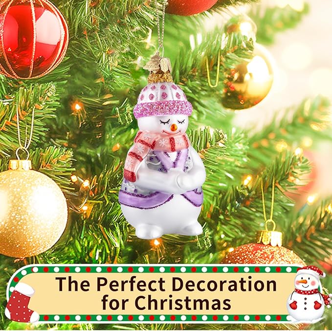 Snowman Christmas Ornaments,Blown Glass Ornaments for Christmas Tree,Purple Shy Snowman Collection Figurine Hanging Ornament,Christmas Decorations for Xmas Tree Holiday Party Daily Gifts
