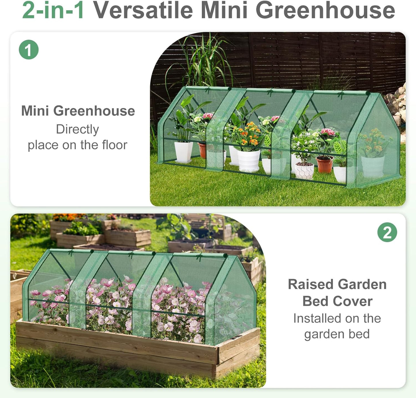 Aoodor 9 x 3 x 3 ft Mini Greenhouse with 3 Zipper Doors, Water-Resistant, UV-Protected for Flowers, Vegetables, and Herbs, Green