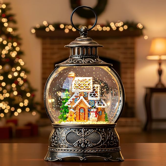 Christmas Snow Globes Christmas Water Lantern with Gingerbread Man & Snowman, Music & 6H Timer, USB Lined/Battery Operated Lighted Lanterns for Xmas Festival Decoration Gifts