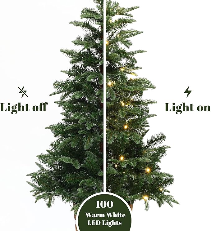 LuxenHome 4FT Small Christmas Tree, Prelit Slim Potted Christmas Trees with 100 Warm White LED Lights, Realistic Fir Tree with Rustic Wood Barrel Planter for Entrance, Hallway Holiday Decorations