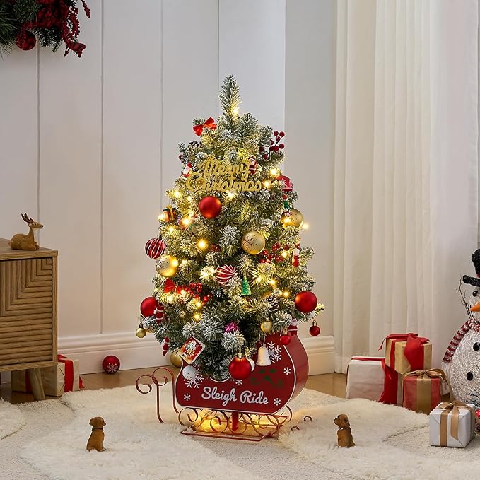 3 Ft Pre-Lit Christmas Tree, Frosted Artificial Christmas Tree with 78 Led Lights,8-Mode Battery Box,Timer Battery,Red Berry,Christmas Decoration for Home, Office,Fireside,Easy Installation