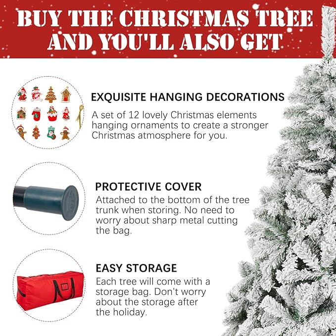 4FT Snow Flocked Christmas Tree, Small Artificial Holiday Xmas Tree with 450 Branch Tips, Foldable Stand for Holiday Party Decoration