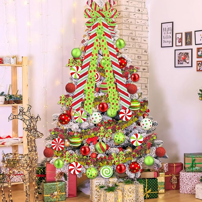 Christmas Tree Decorations Set,Christmas Ball Ornaments Glittering Plastic Hanging Decorations Elf Balls,Large Tree Topper Wreath Bow,Candy Peppermint Wood Ornaments (Red and Lime Green)