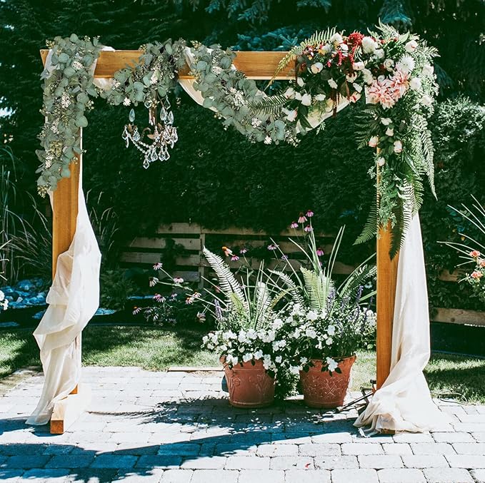 Ouddy Decor Eucalyptus Garland 6.56 Ft Lush Silver Dollar Leaves Boxwood with White Buds Artificial Faux Greenery Vines for Baby Shower Wedding Party Table Runner Room Home Mantle Decor