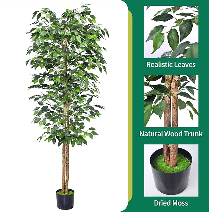 2Packs 6FT Artificial Ficus Trees with Realistic Leaves and Natural Trunk, Faux Ficus Tree with Sturdy Plastic Nursery Pot, Fake Ficus Tree for Office Home Farmhouse for Indoor Outdoor Decor