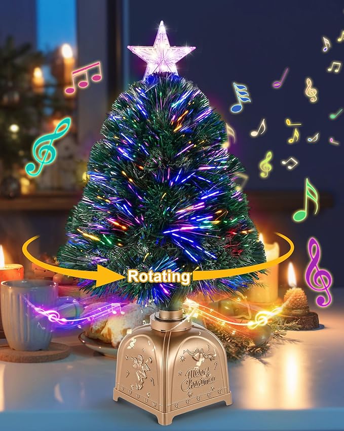 2FT Rotating Musical Tabletop Christmas Tree with Lights, Pre-Lit Green Fiber Optic Mini Xmas Tree with Spinning Music Base for Small Space Home Office Desk Holiday Decor