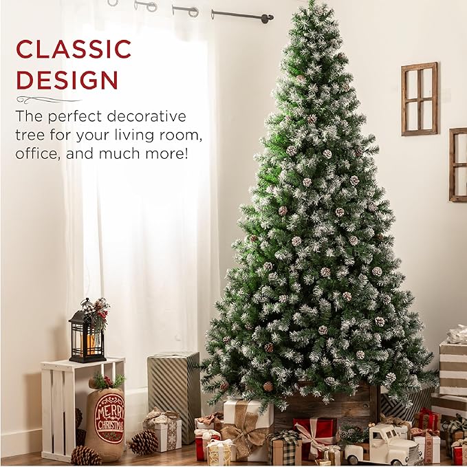 Best Choice Products 4.5ft Pre-Decorated Holiday Christmas Tree for Home, Office, Party w/450 Tips, Partially Flocked, Pinecones, Base – Green
