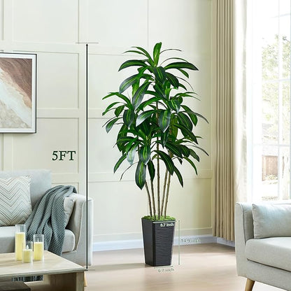 Artificial Dracaena Tree-5FT Tall Fake Plants with Black Tall Square Planter-Artificial Plants Indoor Floor Plant in Pot-Large Tropical Fake Yucca Potted Tree for Home Office Living Room Decor