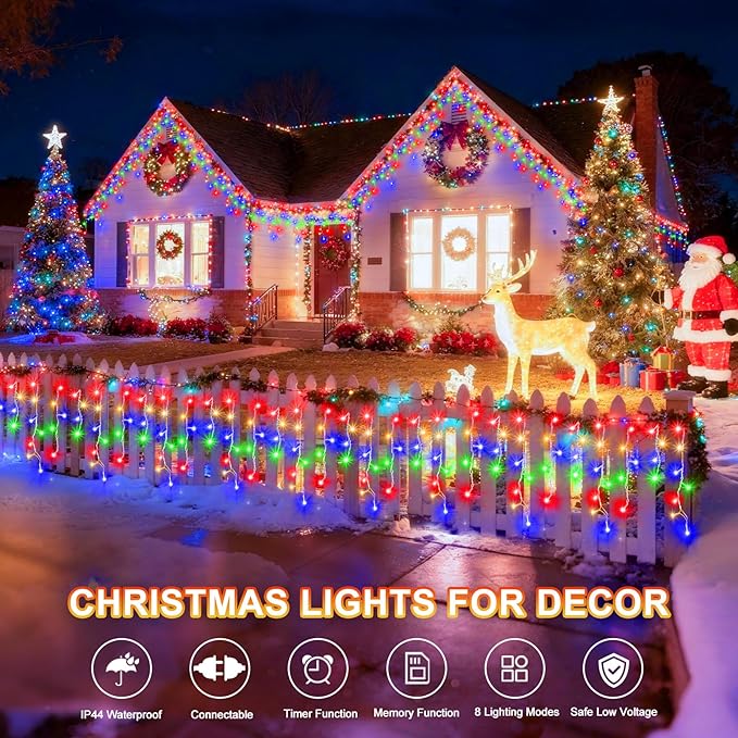 KNONEW Christmas Lights Outdoor Decorations 400 LED 33ft 8 Modes Curtain Fairy String Light with 75 Drops, Clear Wire LED String Light for Wedding Party Holiday Christmas Decorations Multicolor