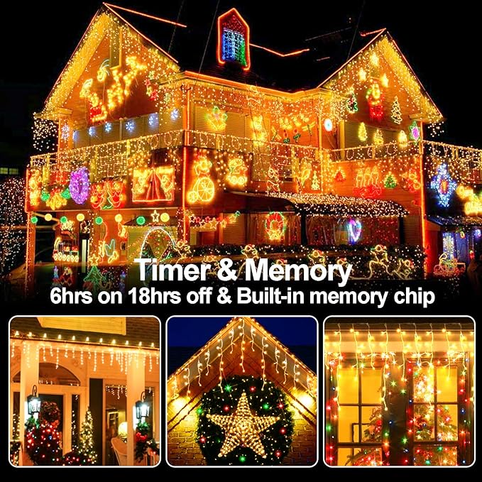 131 FT 1280 LED Christmas Lights Outdoor Decorations Super Long Clear Wire String Lights Plug in 240 Drops 8 Modes Memory Timer Curtain Fairy Lights Waterproof for Holiday Wedding Party-Warm White