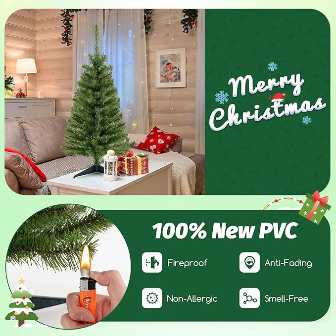 HAPPYGRILL 3 FT Unlit Green Christmas Tree Set of 2, Artificial Tabletop Christmas Tree with Stand, Xmas Tree for Home Office Festival Decoration