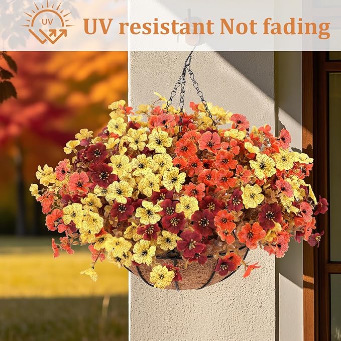 Geegoods 2 Set Artificial Hanging Basket Fall Flowers for Outdoor, Fake Faux UV Resistant Look Real Mixed Mums Plants for Autumn Porch Patio Balcony Yard Home Decor