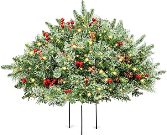 18 Inch Pre-lit Outdoor Christmas Tree, Frosted Christmas Urn Filler for Pathway &Porch& Yard Decorations, with 50 LED 8 Modes Lights,Battery Powered, Decor with Cones & Red Berries