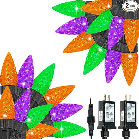 2 Pack C6 Halloween Lights Outdoor Indoor, Total 200 LED 66 FT Connectable Halloween String Lights with Timer & 13 Modes, Waterproof Twinkle Light for Horror Party Decor (Orange, Purple and Green)