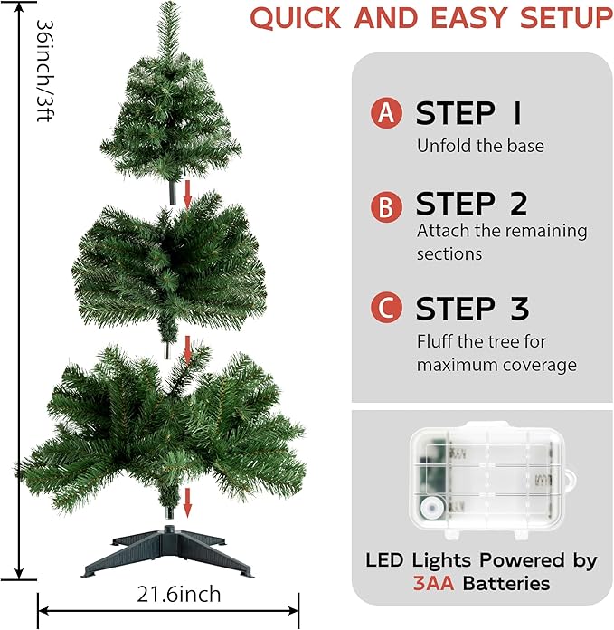 Green 3ft Christmas Tree with Lights, Small 36inch Artificial Tree Mini Table Top Decorations, Xmas Desk Tree with 80 Colored Lights, 200 Branch, Holiday Decor for Home,Indoor Office Tabletop