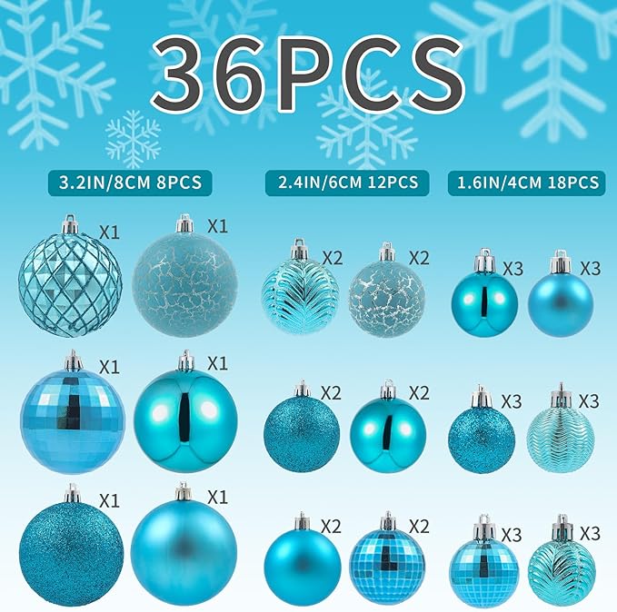 LANGXUN 36pcs Acid Blue Christmas Tree Decorations Balls, Bolas De Navidad, 2025 Christmas Decor, Indoor Outdoor Shatterproof Christmas Ornaments, Xmars Party Wedding Suppiles